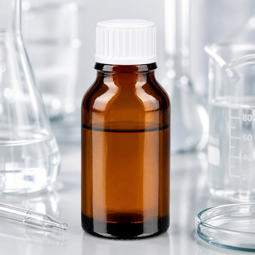 Botella de farmacia marrón 15ml tapón rosca blanco estándar Frasco de farmacia marrón de 15 ml con tapón de seguridad para niños blanco en un entorno de laboratorio
