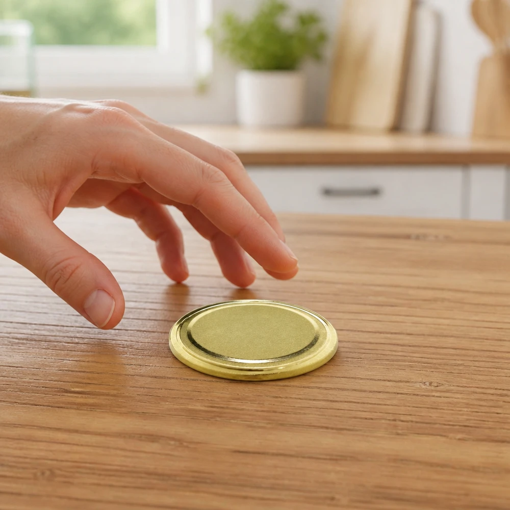 Tapa BasicSeal de 82 mm, color dorado, modelo TO82 UniTwist, colocada sobre una mesa de madera y cogida con la mano