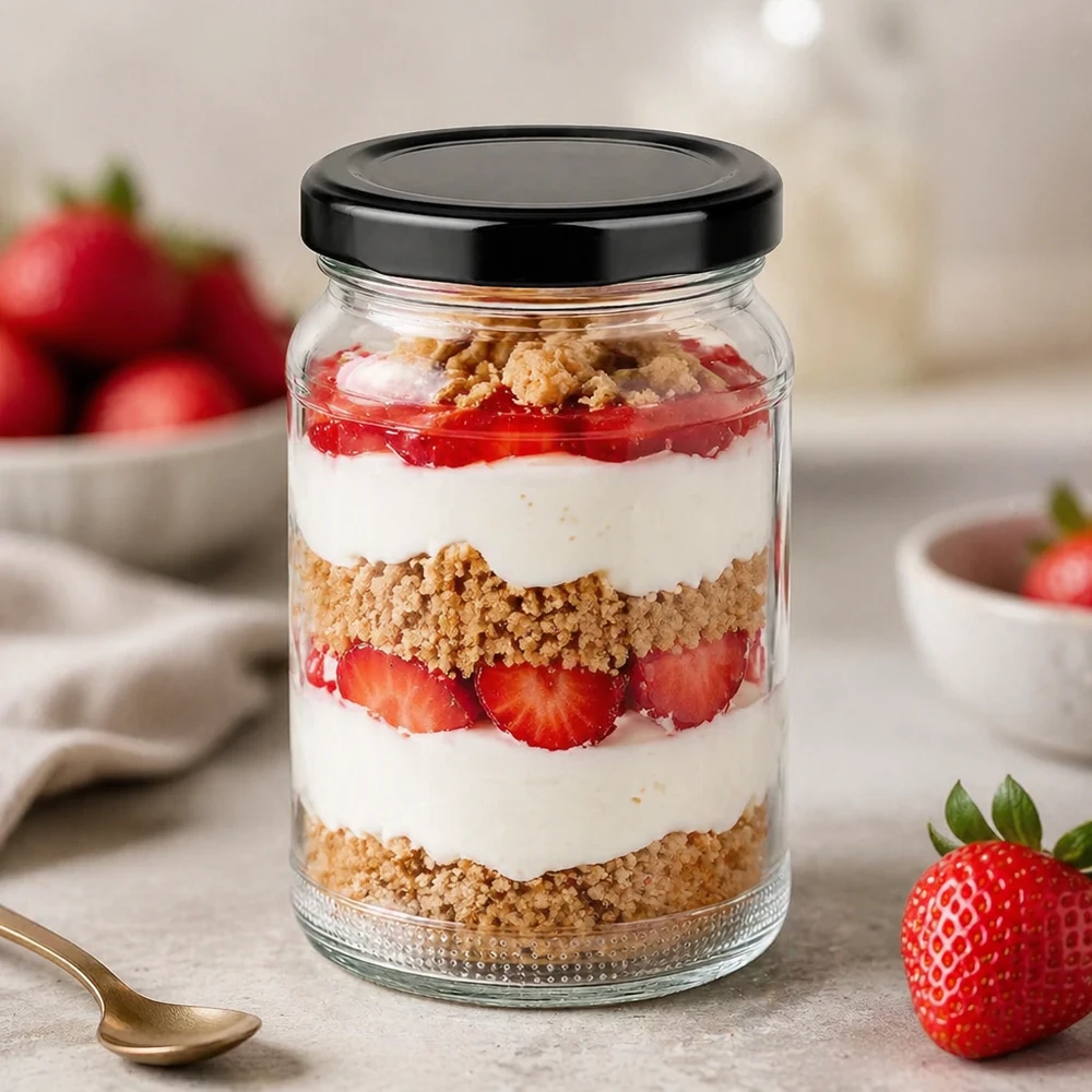 Tarro de postre redondo de cristal UNiTWIST de 110 ml con postre en capas de fresa y nata y tapa negra TO48 BasicSeal