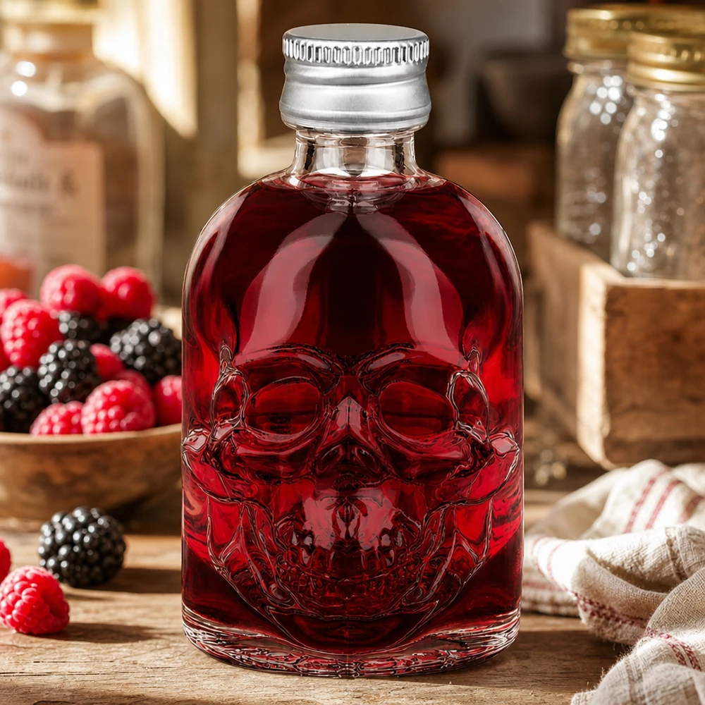 Botella de vidrio de 50 ml «Hector» y tapón de rosca plateado UNiTWIST® Botella de cristal de 50 ml de Hector con relleno de licor de bayas rojas entre frambuesas y moras en cocina rústica