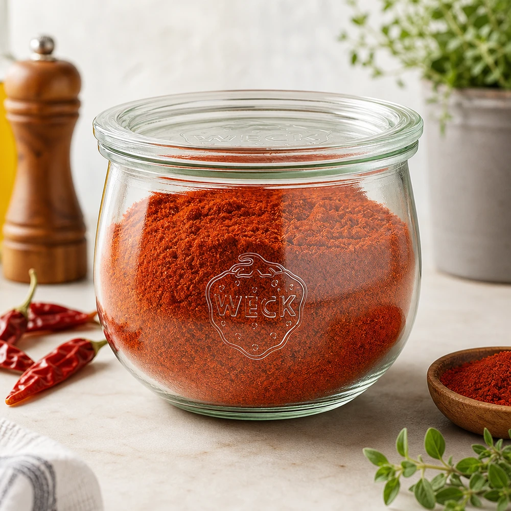 Tarro tulipán de 580ml con tapa de cristal WECK RR100 WECK Tulpenglas 580ml RR100 mit rotem Paprikapulver gefüllt als stilvolle Gewürz-Aufbewahrung in der Küche
