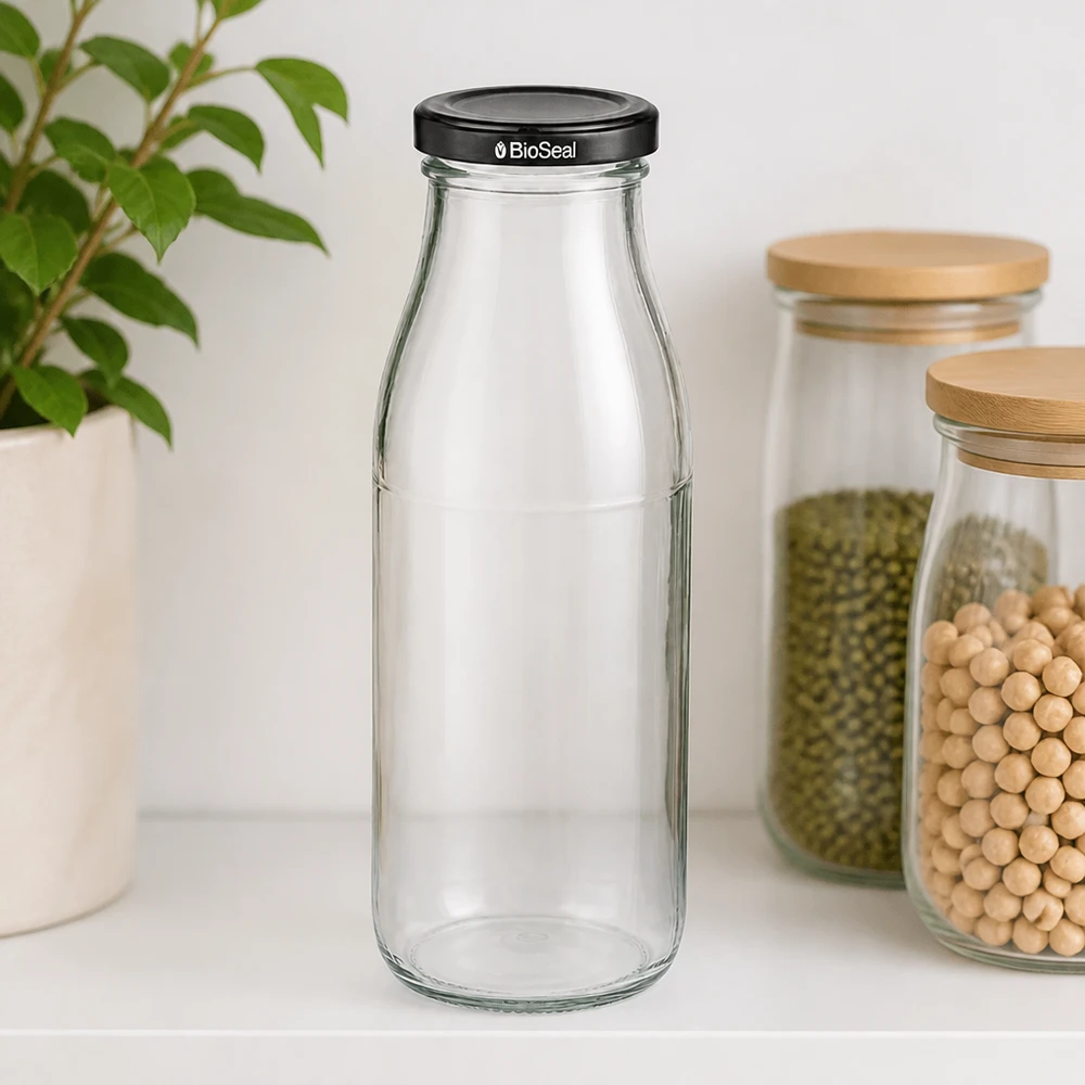 Botella de cristal de 500 ml con tapa BioSeal negra en el entorno de la cocina junto a tarros de almacenaje con legumbres y plantas