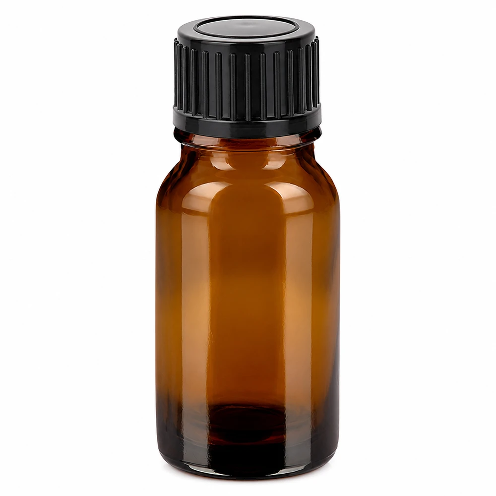 Frasco de vidrio ámbar de 10 ml con tapón de rosca negro para aceites esenciales y cosméticos