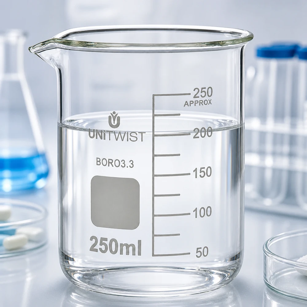 Vaso de precipitados de 250 ml, de forma baja, lleno de agua transparente hasta la marca de 200 ml, en el laboratorio