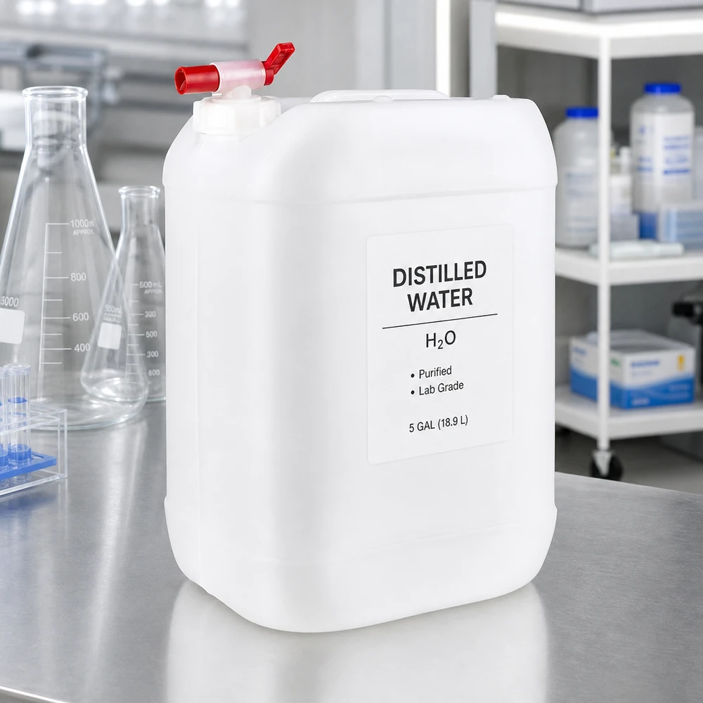 Agua destilada en un bidón de 25 litros con grifo, en el laboratorio, sobre una mesa de acero inoxidable