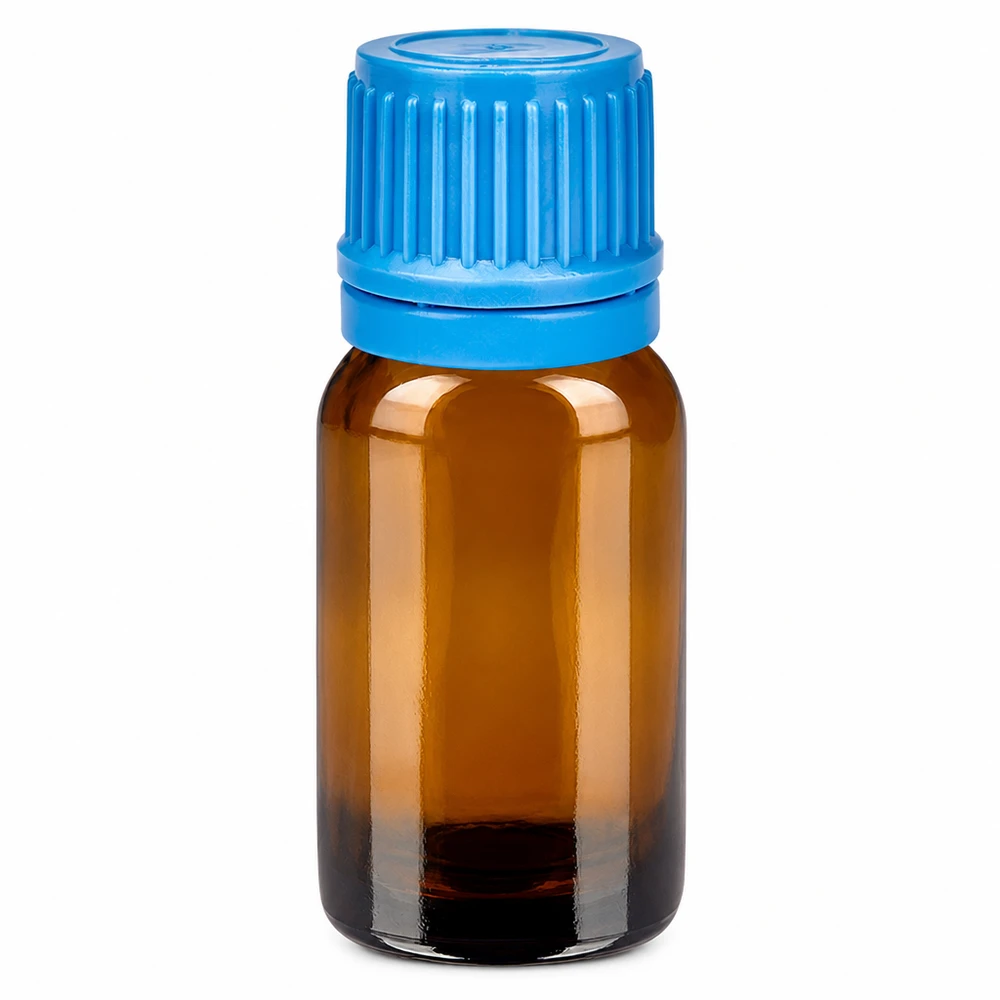 Botella 10ml tapón rosca 11mm azul BrownLine UT18/10 Frasco de vidrio marrón de 10 ml con tapón de rosca azul para aceites esenciales y productos cosméticos