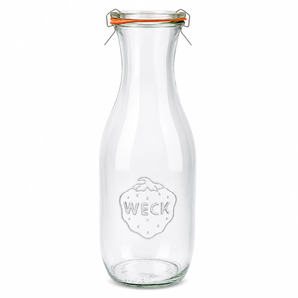 Botella para zumo de 1062 ml, juego completo WECK RR60 Botella de zumo WECK 1062ml de vidrio con tapa abatible y anillo de goma RR60 completo claro transparente