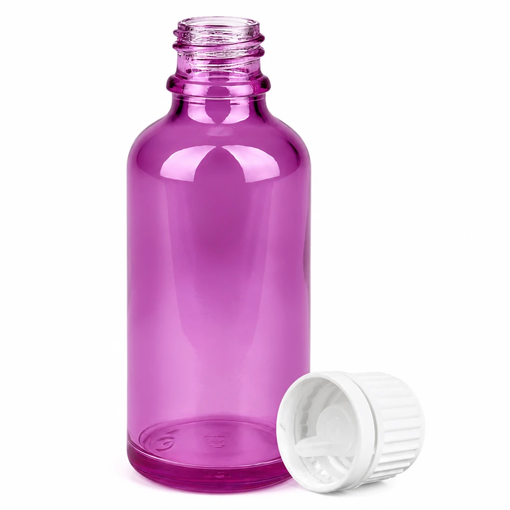 Frasco cuentagotas de 50 ml 0,7 mm blanco Originalidad tapón de rosca PurpleLine UT18/50 Frasco de cristal violeta de 50 ml con cuentagotas de 0,7 mm y tapón de rosca blanco para aceites esenciales