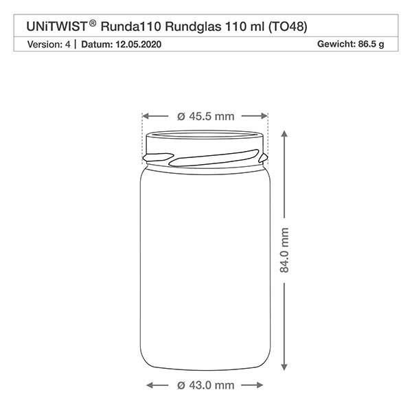 Vaso redondo de 110ml sin tapa (TO48) UNiTWIST Dibujo técnico UNiTWIST Runda110 vaso redondo 110ml TO48 con dimensiones 45,5mm de diámetro y 84mm de altura