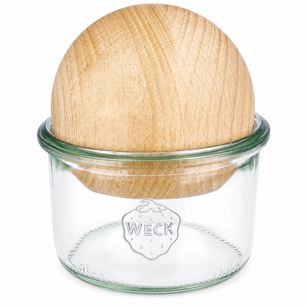 Vasos de 200ml WECK RR80 con bola de madera de haya WECK vasos 200ml RR80 con tapa de madera de haya bola, vidrio transparente con el logotipo WECK, tarro de almacenamiento sostenible