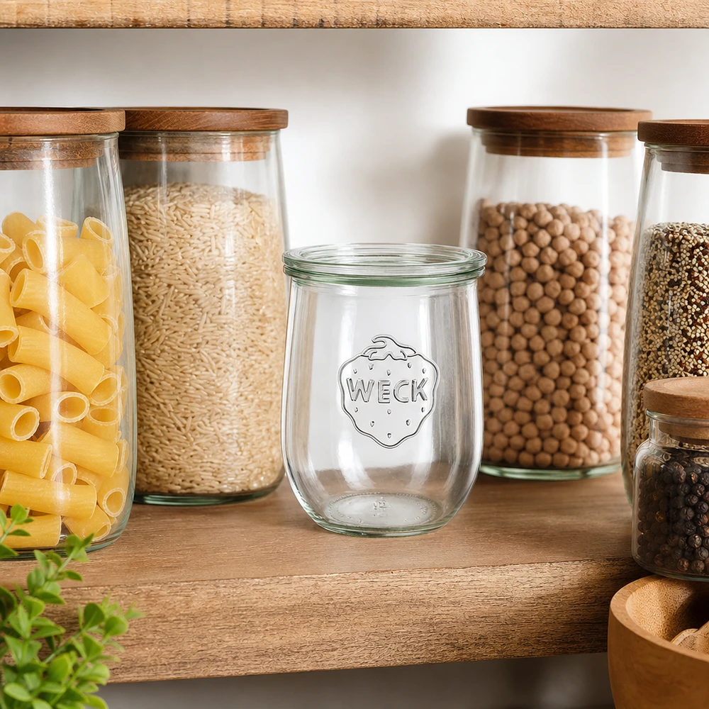 WECK tarro tulipán 1062ml organizador de almacenaje armario de cocina despensa llena de pasta arroz legumbres estante de madera
