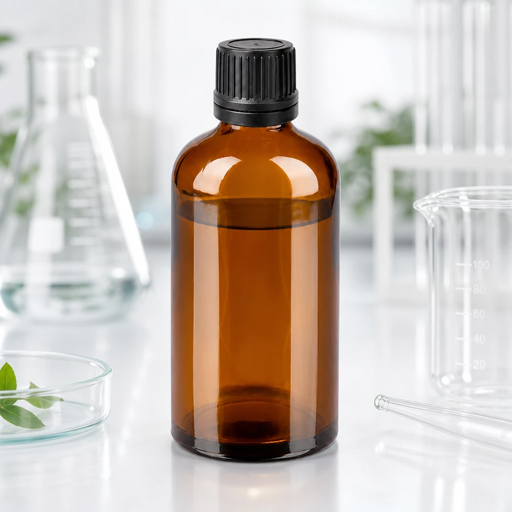 Frasco de laboratorio de 100 ml de alta calidad fabricado en vidrio ámbar con protección UV para el almacenamiento seguro de sustancias sensibles