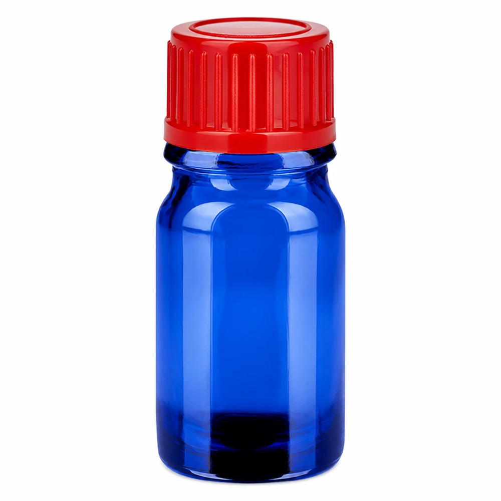 Frasco de 5 ml con tapón de rosca de 11 mm rojo estándar BlueLine UT18/5 Frasco de vidrio azul de 5 ml con tapón de rosca rojo 11 mm SV para aplicaciones de laboratorio