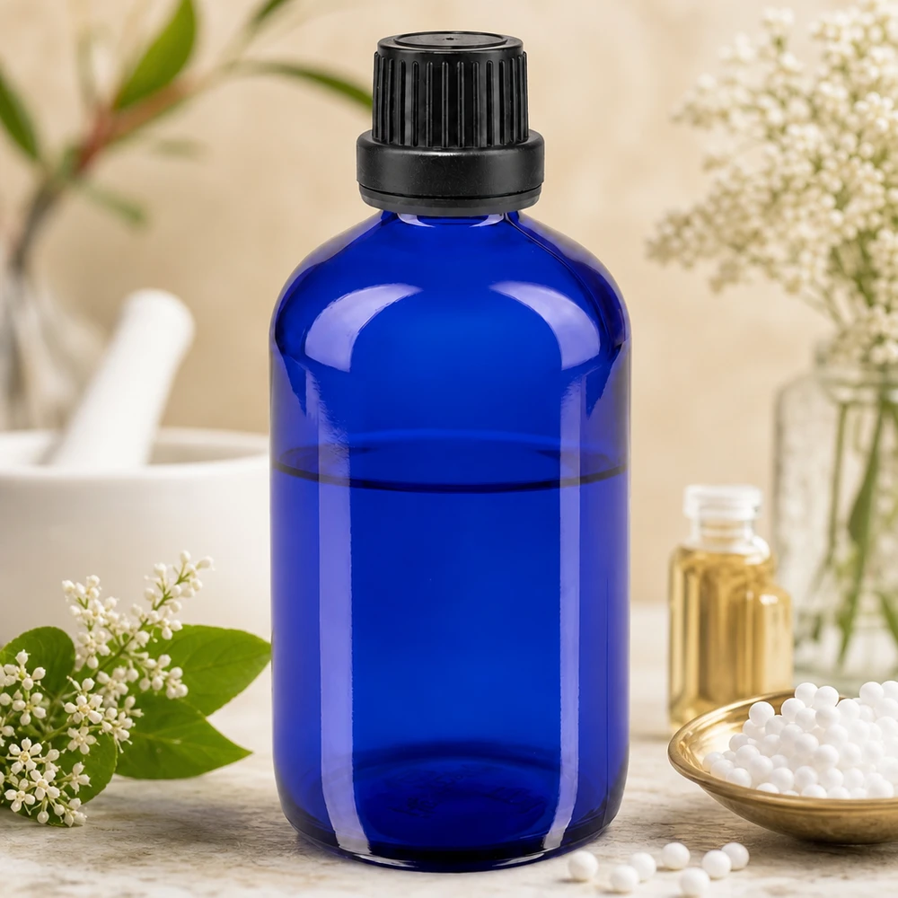 Botella de cristal azul de 100 ml con tapón cuentagotas negro, delante de un mortero y un pistilo