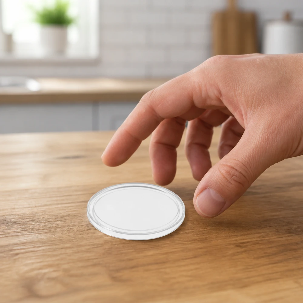 Tapa redonda blanca TO70 de 70 mm de BasicSeal sobre una mesa de madera, cogida con la mano