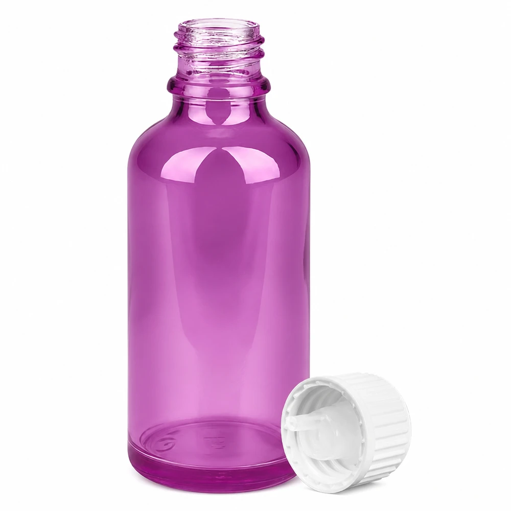 Frasco de cristal vacío de 50 ml de color morado con tapón cuentagotas para aceites esenciales y sueros
