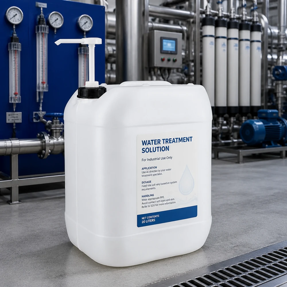 Bidón blanco de 20 litros con bomba dosificadora para el tratamiento industrial del agua en instalaciones