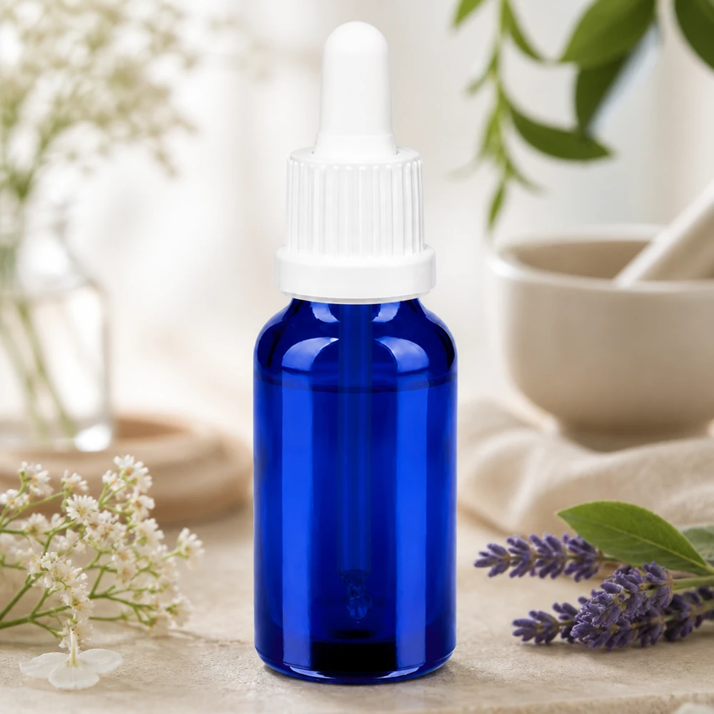 Frasco pipeta 20ml cierre inviolable blanco BlueLine UT18/20 Frasco de vidrio de alta calidad de 20 ml con pipeta cuentagotas de color azul intenso para un almacenamiento seguro