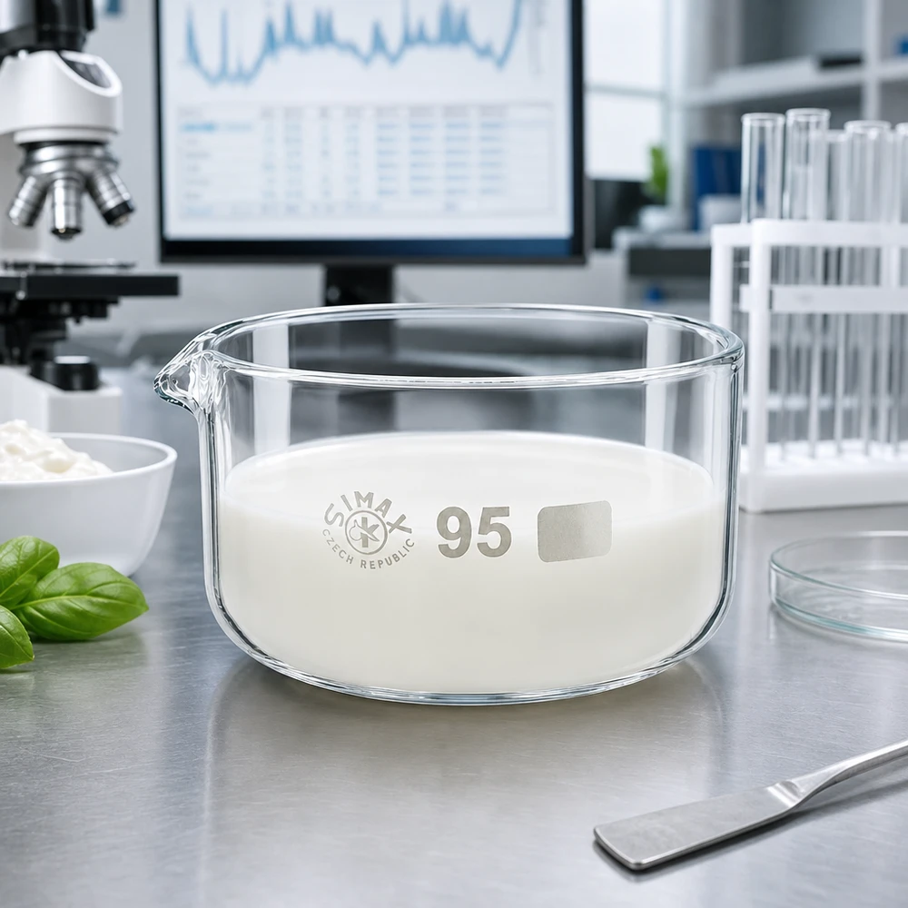 Cristalizador 300ml con pico borosilicato ø95mm Recipiente de cristalización de 300 ml con sustancia blanca para laboratorio, de vidrio borosilicato SIMAX, ø 95 mm, República Checa