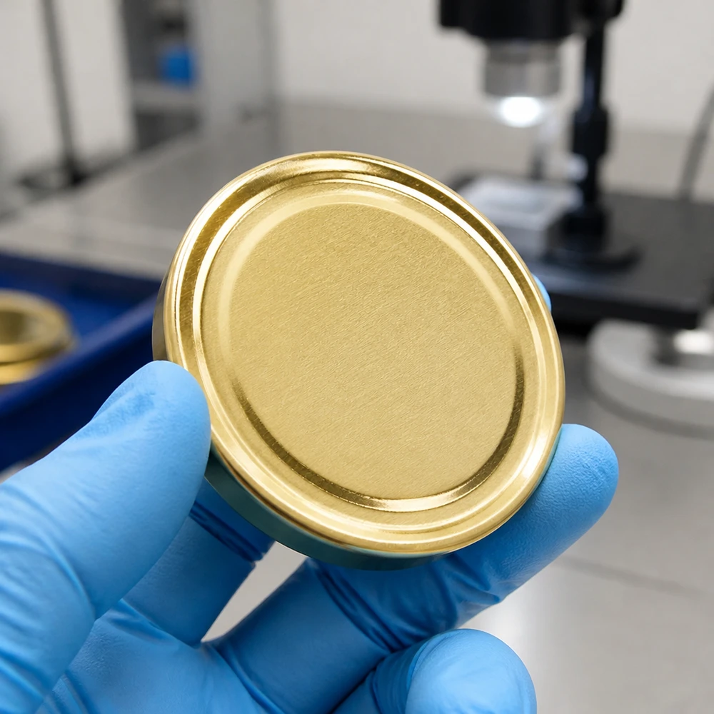 Prueba de laboratorio de la tapa BasicSeal TO100 dorada de 100 mm UniTwist con guante desechable azul