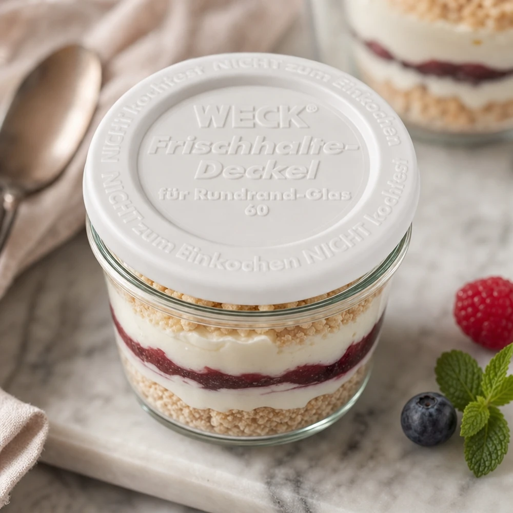 Tapa para conservas WECK RR60 WECK Frischhaltedeckel RR60 Dessertglas Schichtdessert Tiramisu Beeren Mint dekorative Präsentation Küchenstil