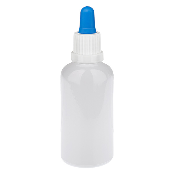 Frasco con pipeta de 50 ml, blanco/azul, tapón de seguridad WhiteLine UT18/50 Frasco con pipeta de 50 ml, blanco/azul, tapón de seguridad WhiteLine UT18/50