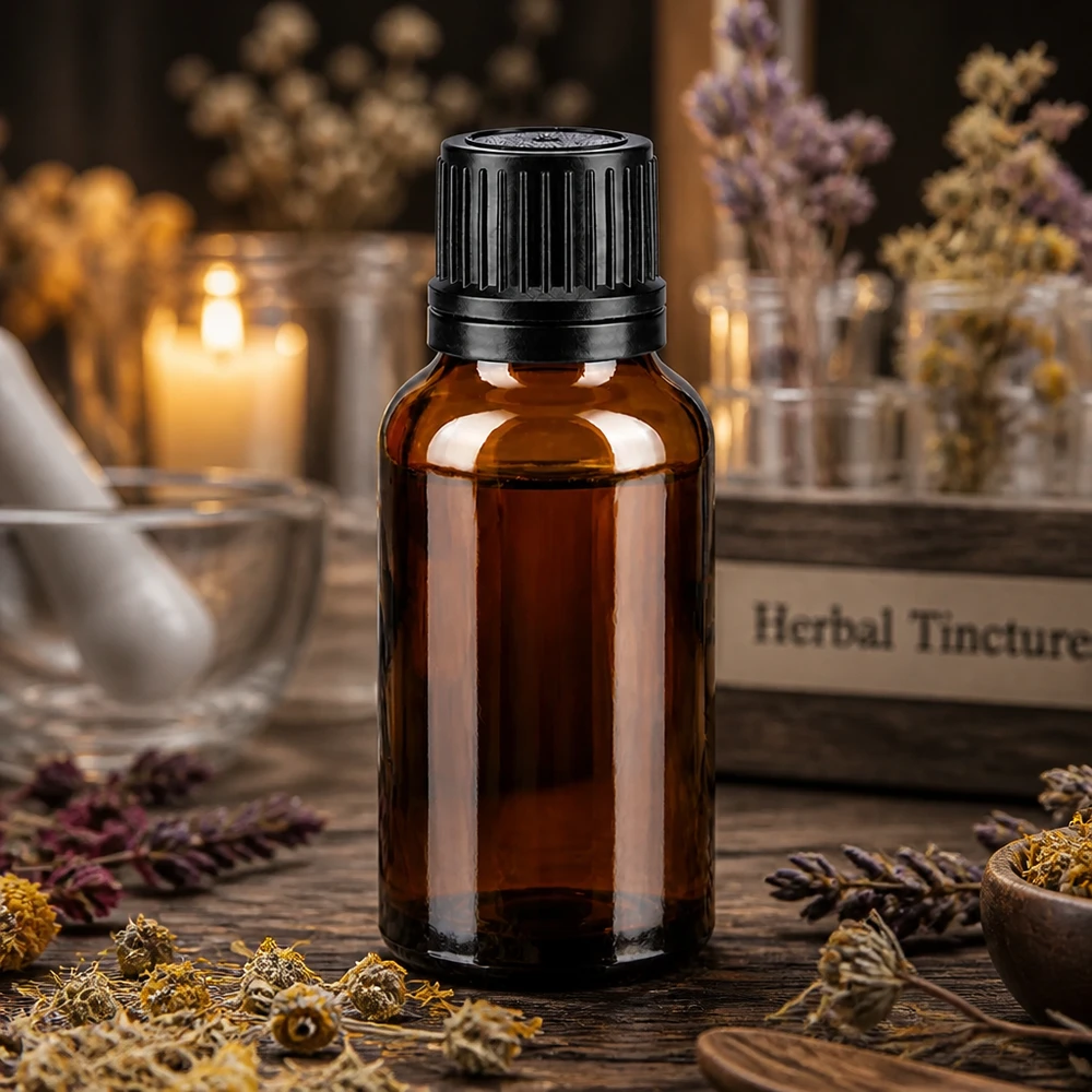 Botella de farmacia marrón 20ml tapón cuentagotas anillo vertedor 1mm tapón inviolable negro Frasco cuentagotas de farmacia de 20 ml, de vidrio ámbar, con tapón negro a prueba de niños, para aceites esenciales