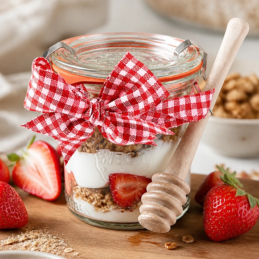 WECK mini mason jar 140ml yogur muesli fresas capas postre miel cuchara madera lazo vichy rojo blanco