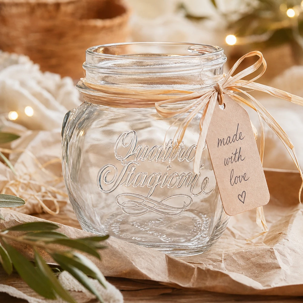 Vaso redondo de 300ml "Quattro Stagioni" QS70mm Tarro doméstico Quattro Stagioni de 300 ml con tapa y lazo como envase de regalo sobre una mesa de madera