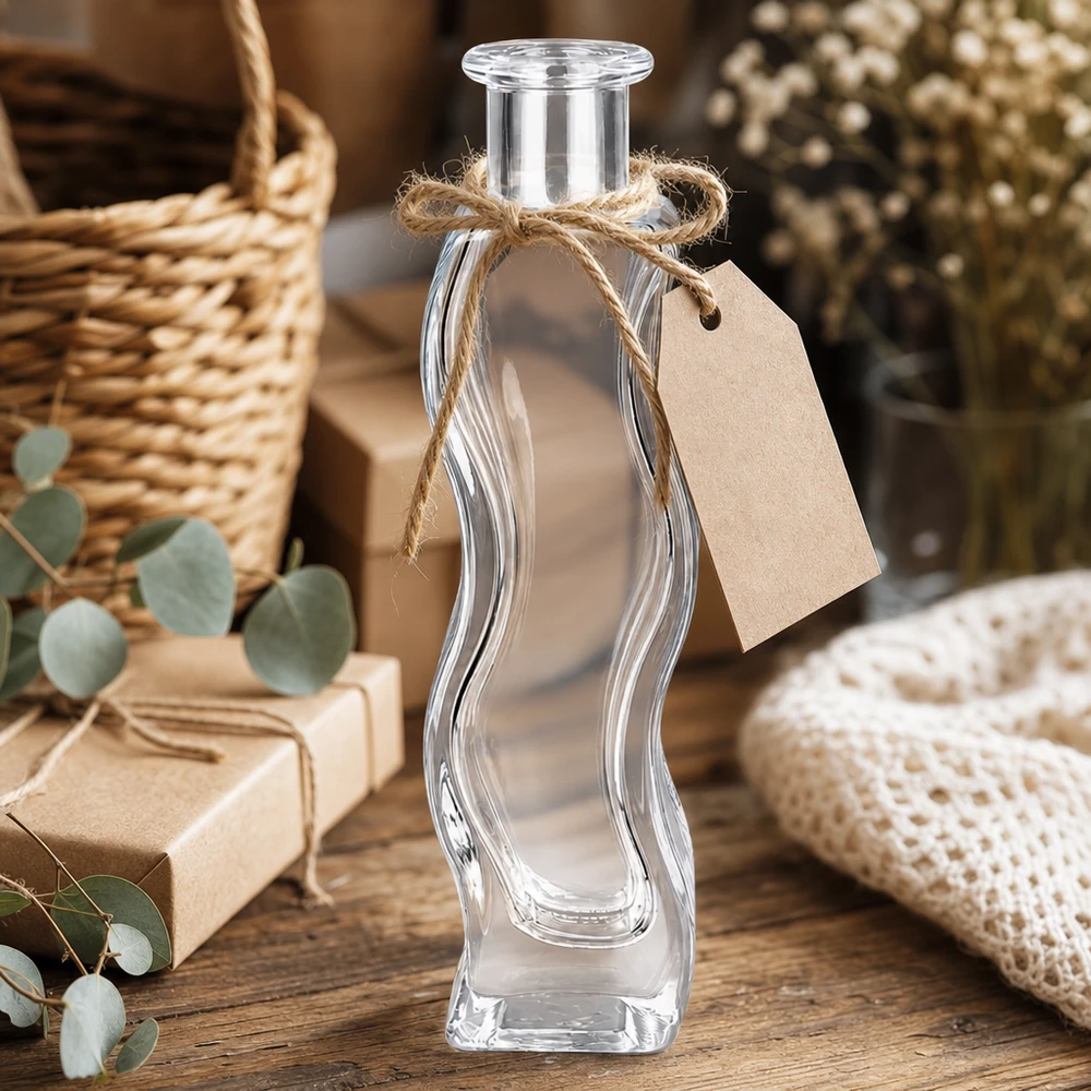 Botella de vidrio de 100 ml «Melissa» sin tapón UNiTWIST® Botella de cristal Melissa de 100 ml con colgante de papel kraft y cordón de yute decorada en un ambiente rústico con eucalipto