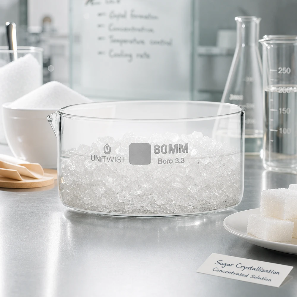Cristalización del azúcar en la bandeja de cristalización UNiTWIST de 80 mm de vidrio borosilicato con solución concentrada