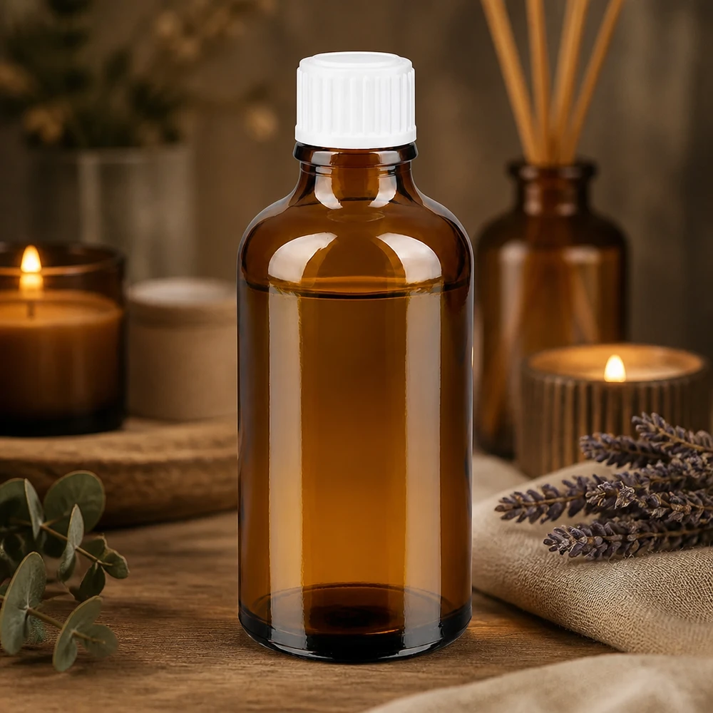 Botella de farmacia marrón 50ml tapón de rosca blanco estándar Pequeño frasco de farmacia marrón de 50 ml con tapón blanco, rodeado de accesorios de aromaterapia