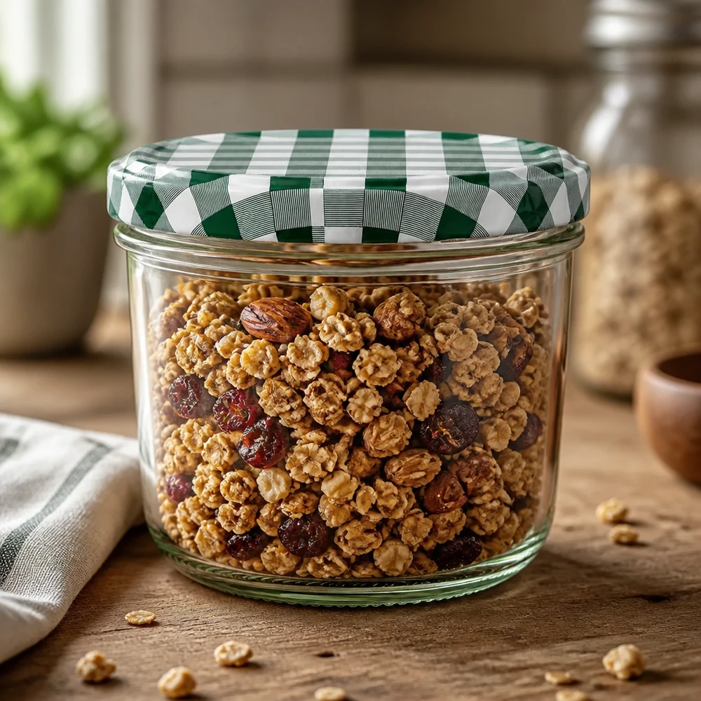 Tarro de almacenaje 230ml lleno de nueces muesli Tapa BasicSeal tarro de almacenaje a cuadros verde-blanco cocina mesa de madera