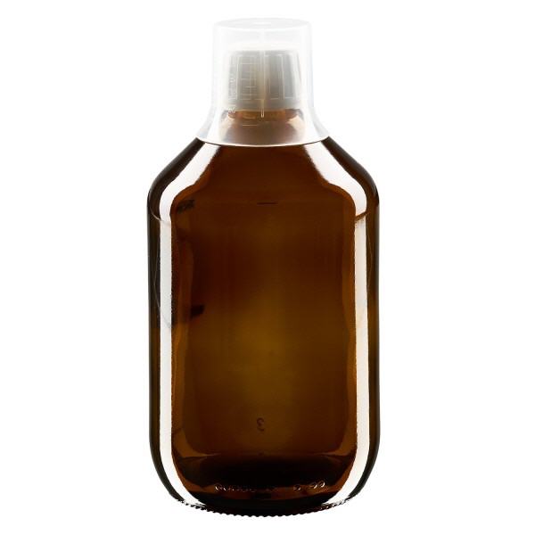 Frasco medicamento 500ml marrón, cierre inviolable con vaso dosificador 30ml ApoGlas Frasco medicamento 500ml marrón, cierre inviolable con vaso dosificador 30ml ApoGlas