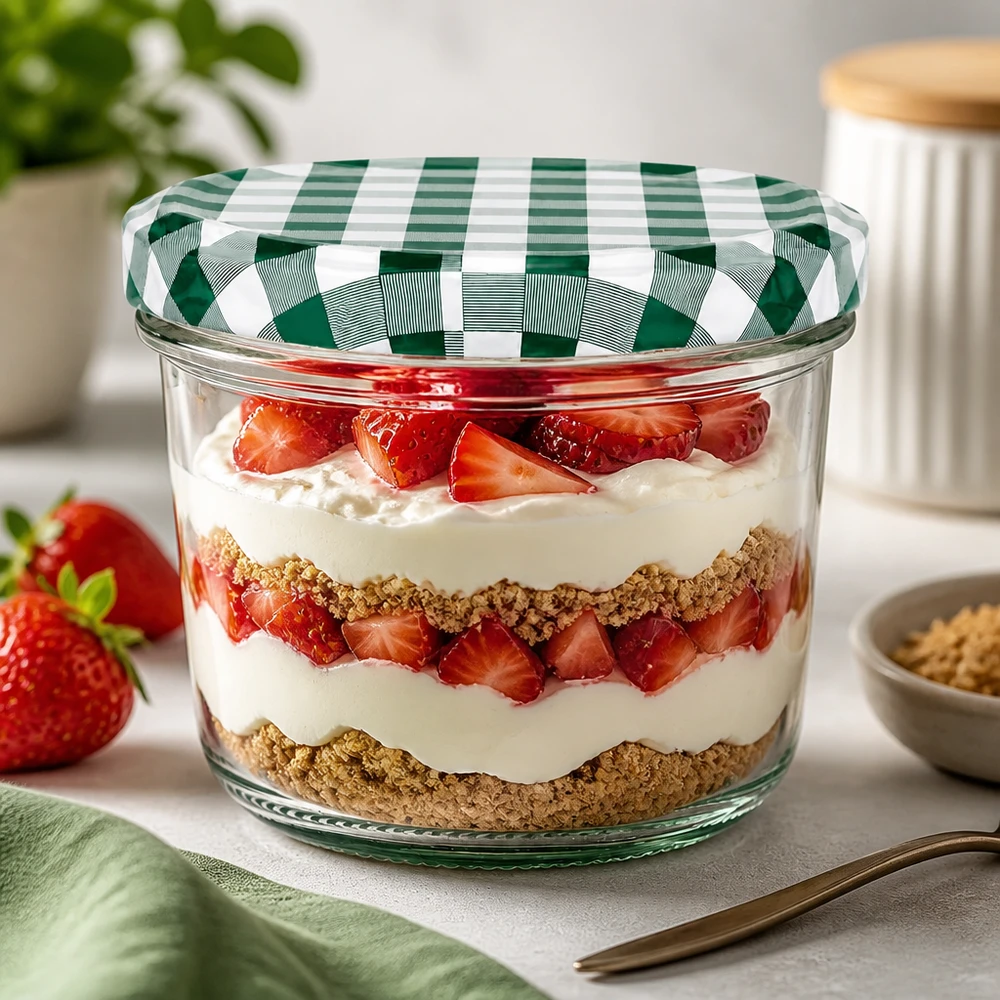 tarro de postre de 230 ml postre en capas trifle de fresa tapa BasicSeal a cuadros verdes y blancos postre cocina