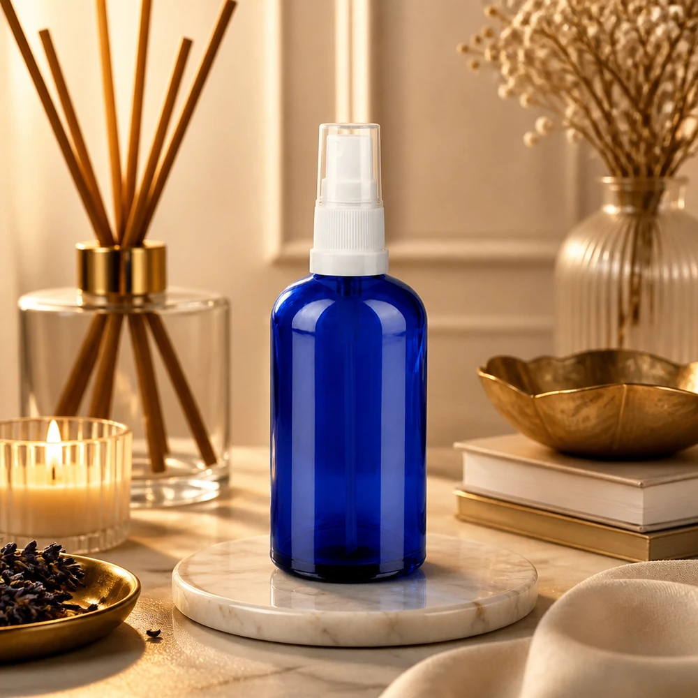 Frasco de vidrio de 100 ml con bomba pulverizadora en elegante color azul para productos cosméticos de alta calidad