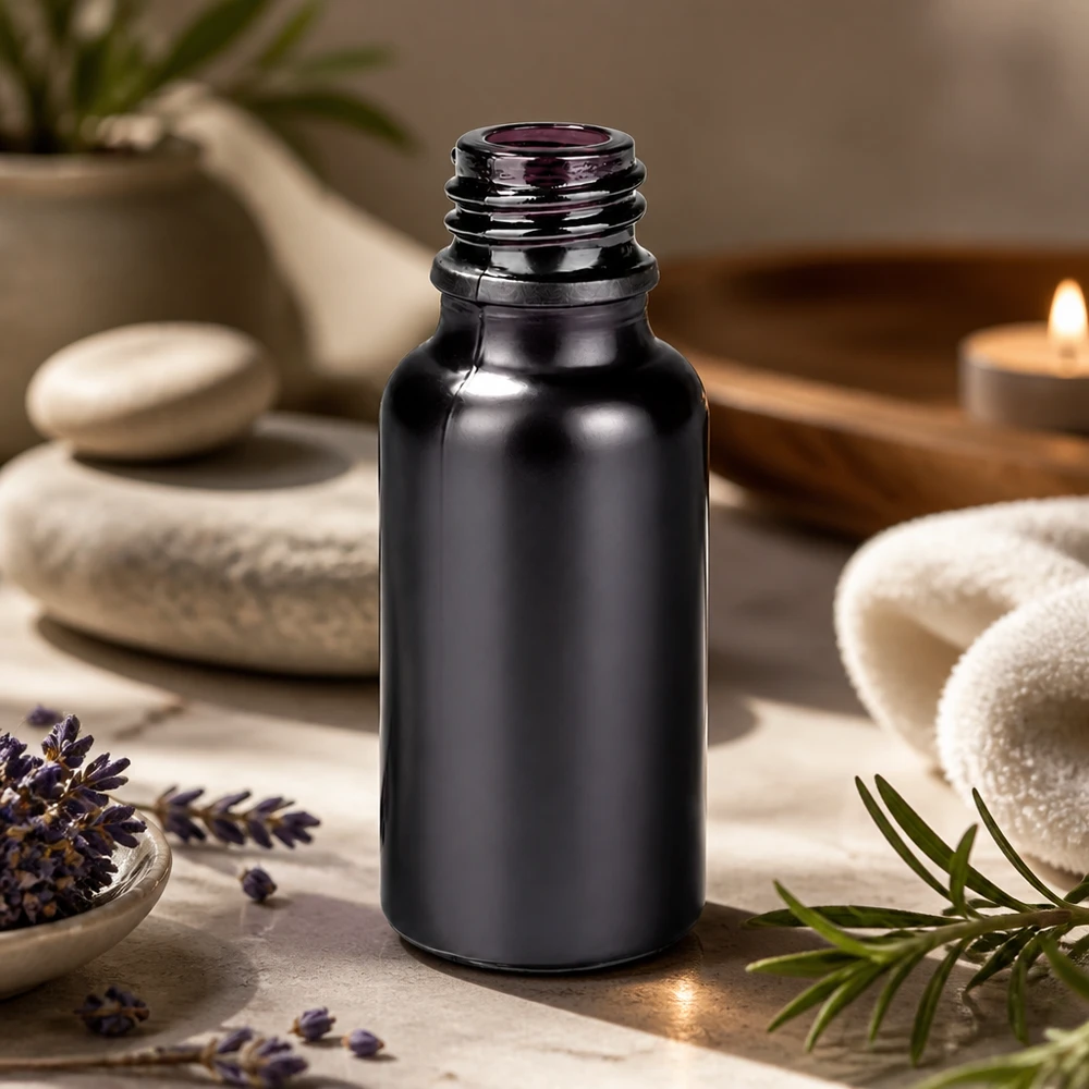 Frasco de vidrio negro de 20 ml con rosca cuentagotas UT18/20 para aceites esenciales y tinturas