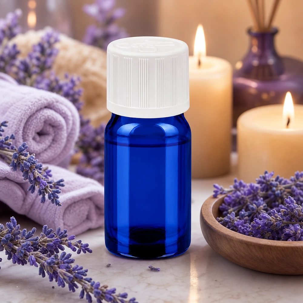 Frasco pequeño de cristal azul de 5 ml con tapón a prueba de niños ideal para aceites esenciales y aromaterapia