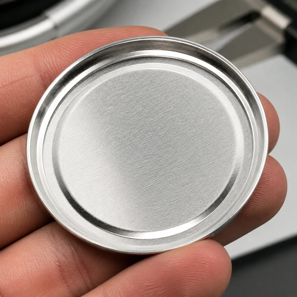 Primer plano de la superficie de acero inoxidable cepillado de una tapa TO66 UNiTWIST BasicSeal de 66 mm, color plata