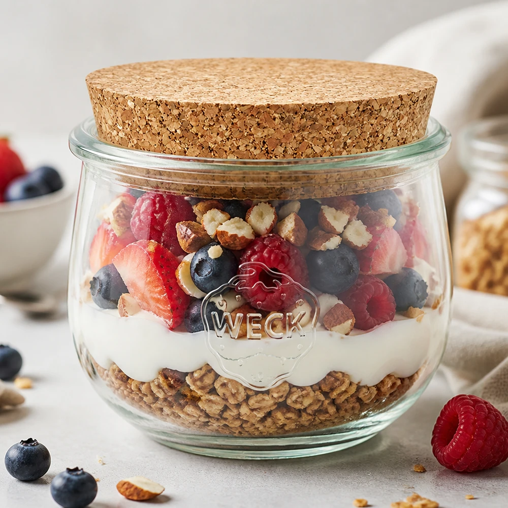WECK tarro tulipán 580ml con tapa de corcho como tarro de muesli relleno de yogur, bayas y frutos secos Desayuno en tarro
