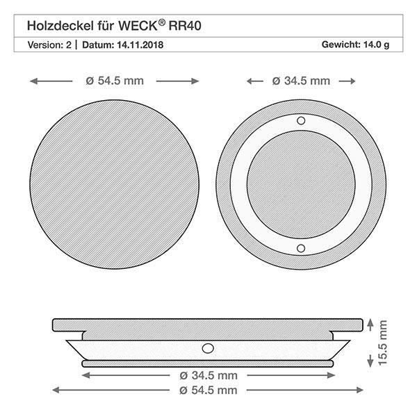 Tapa de madera (haya) sin impresión para WECK RR40 Dibujo técnico tapa de madera WECK RR40 con dimensiones diámetro 54,5mm y 34,5mm altura 5mm peso 14g