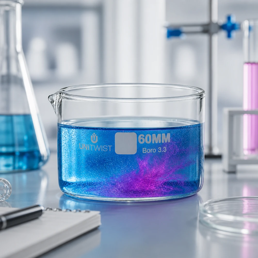 Plato cristalizador ø60mm vidrio borosilicato UNiTWIST Cubeta de cristalización de 60 mm UNiTWIST con reacción de color azul-violeta en un entorno de laboratorio profesional