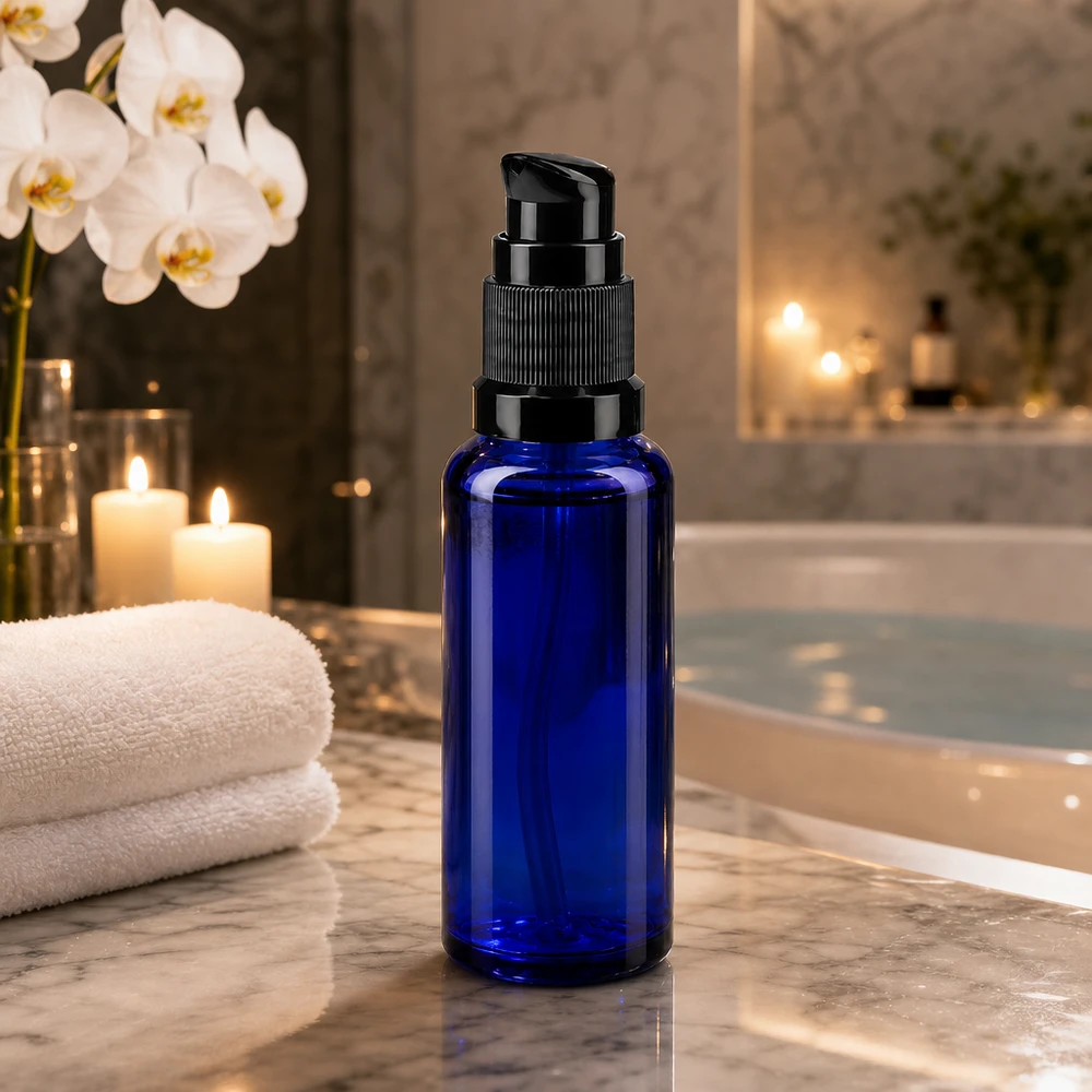 Botella de farmacia azul 30ml tapón pulverizador negro estándar Frasco de cristal ApoGlas de 30 ml en color azul cobalto con dosificador negro en un elegante cuarto de baño de bienestar