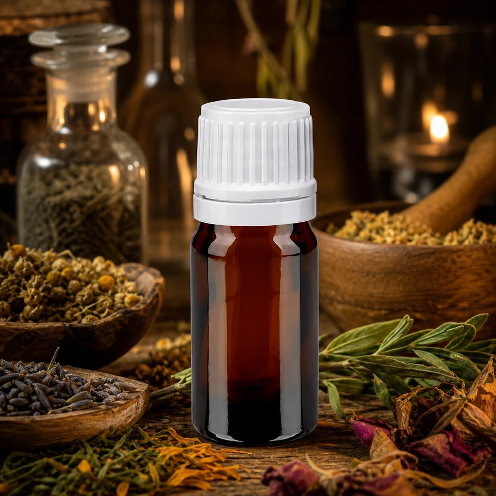 Set de aromaterapia con hierbas medicinales, compuesto por un frasco de farmacia marrón de 5 ml con tapón de rosca blanco y hierbas