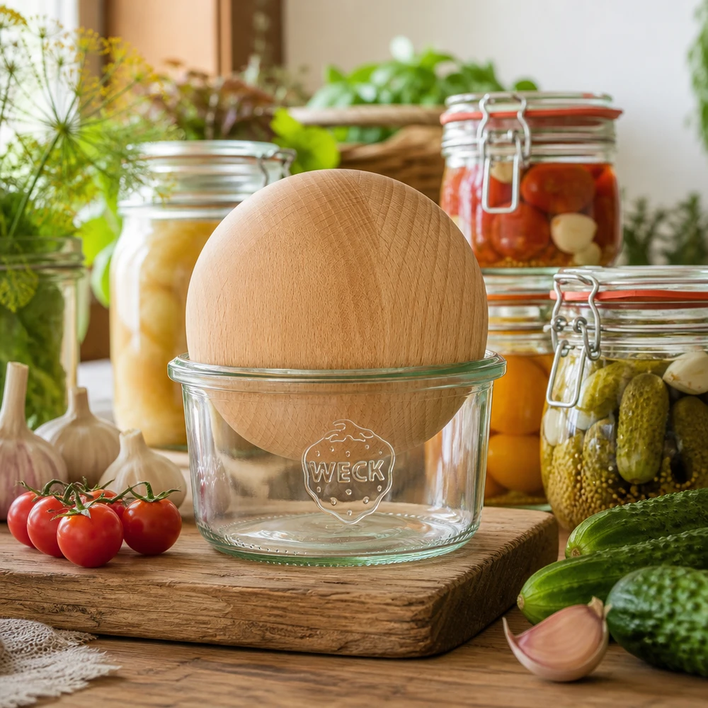 WECK RR80 165ml mason jar con bola de madera de haya en una cocina rústica entre tarros de conserva y verduras frescas