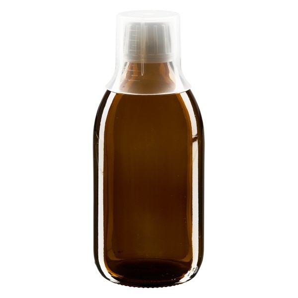 Frasco medicamento 250ml marrón, cierre inviolable con vaso dosificador 30ml ApoGlas Frasco medicamento 250ml marrón, cierre inviolable con vaso dosificador 30ml ApoGlas