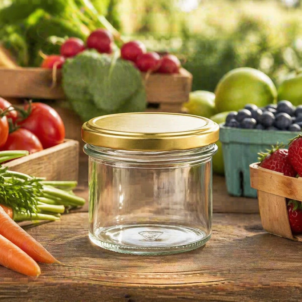 Vasos de 125ml con tapa BasicSeal oro UNiTWIST 125ml Sturzglas mit goldenem Deckel zwischen frischem Obst und Gemüse - ideal für hausgemachte Marmelade