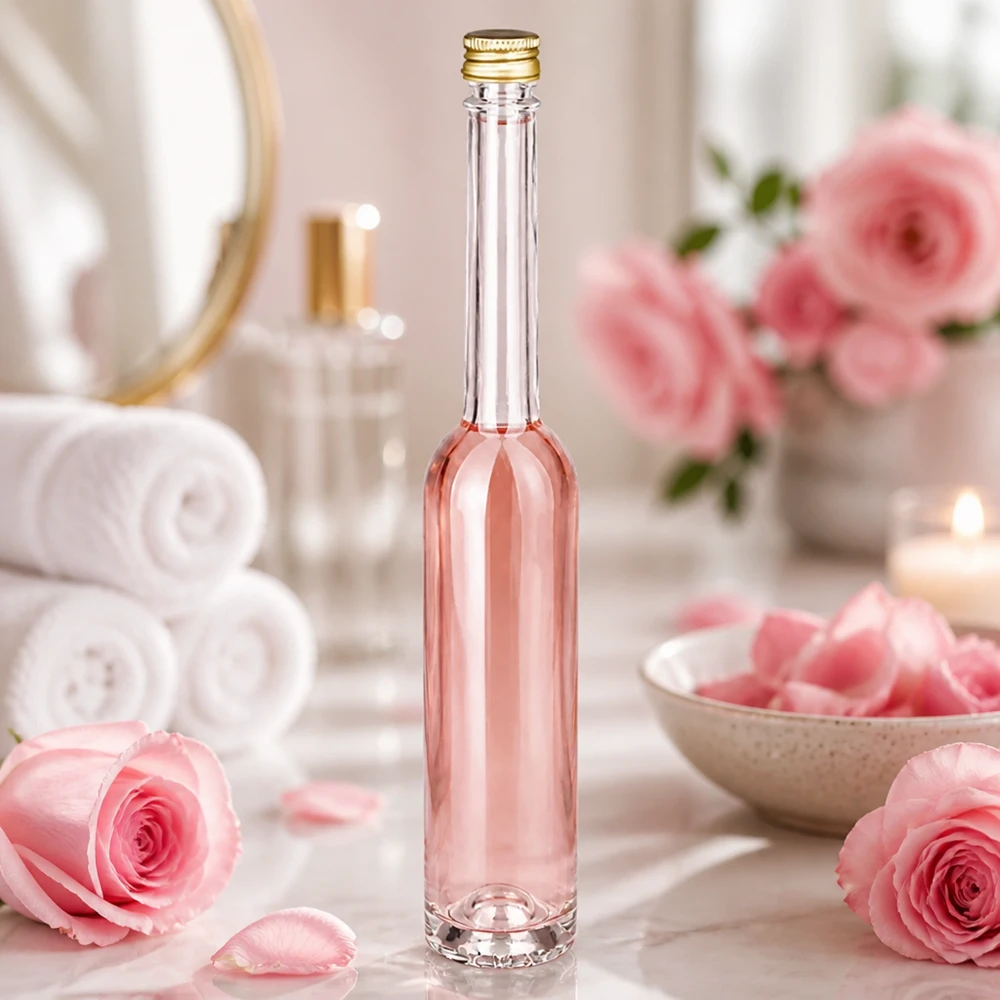 Botella de cristal Toni de 100 ml con líquido de color rosa en un ambiente de balneario de bienestar - tapón dorado UNiTWIST entre rosas