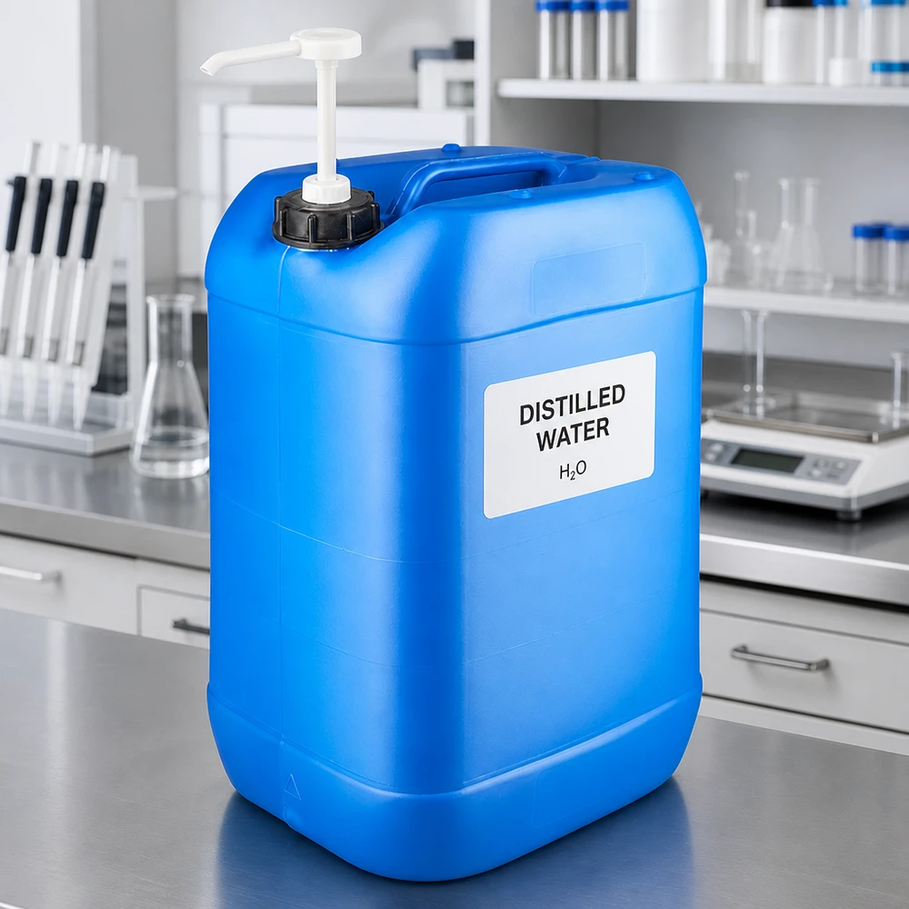 Bidón de laboratorio azul de 25 litros con bomba dosificadora, lleno de agua destilada, sobre una mesa de acero inoxidable