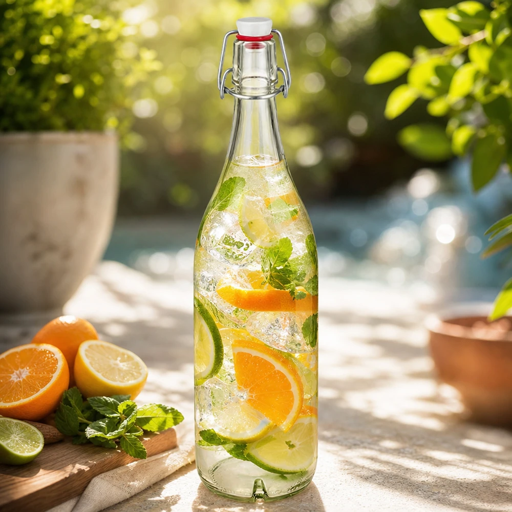 Botella de vidrio de 1000ml + tapa oscilante de porcelana UNiTWIST Botella de cristal de 1000 ml con tapón oscilante llena de ponche de cítricos naranja lima menta en una terraza soleada